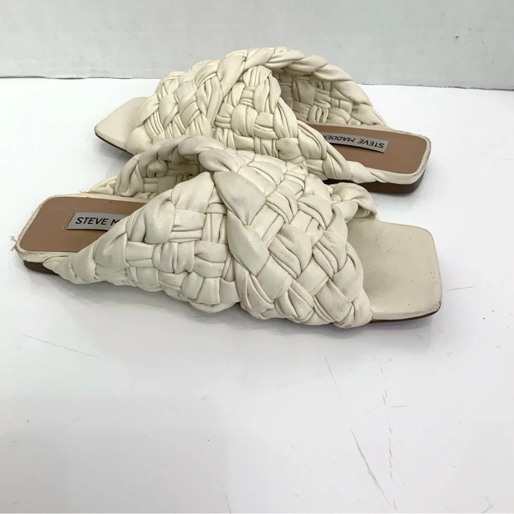 STEVE‎ MADDEN Sz 6.5 Ivory Marina Square Toe Chunky Woven Slip On Slide Sandals